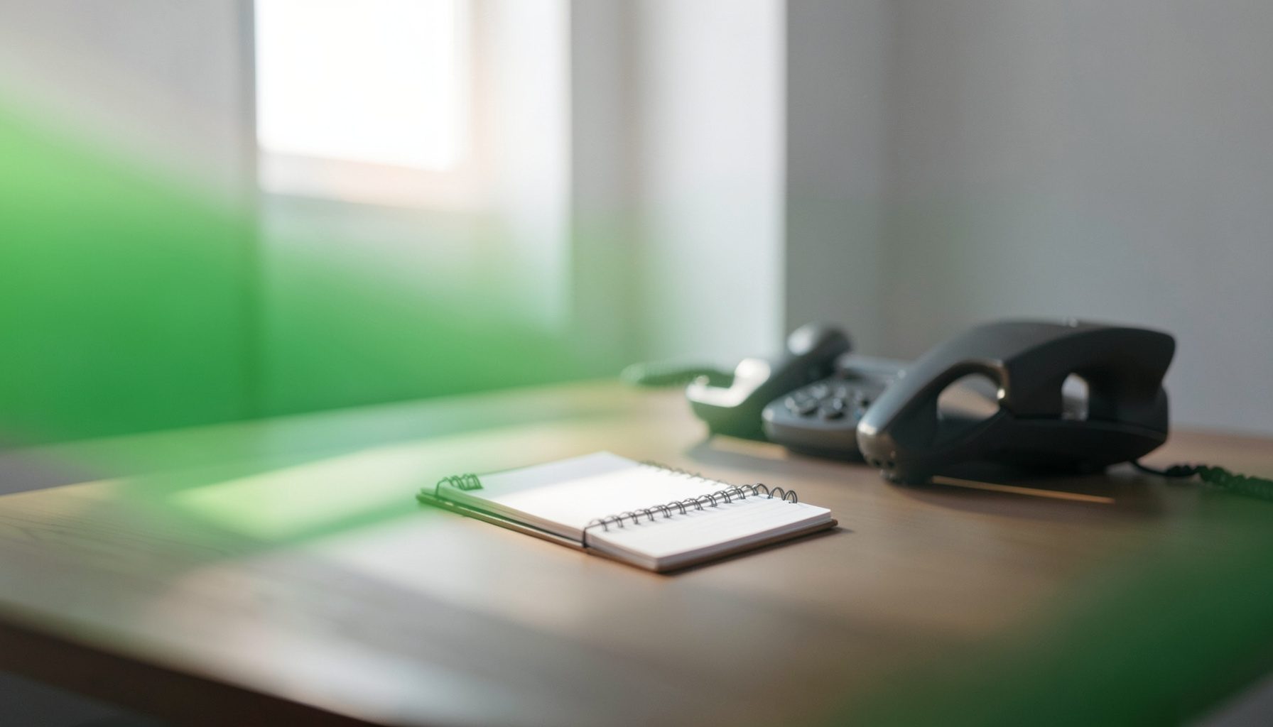 A desk with a notepad and phone receiver, lit by soft natural window light in muted greys and warm whites, suggesting a thoughtful interview setting.